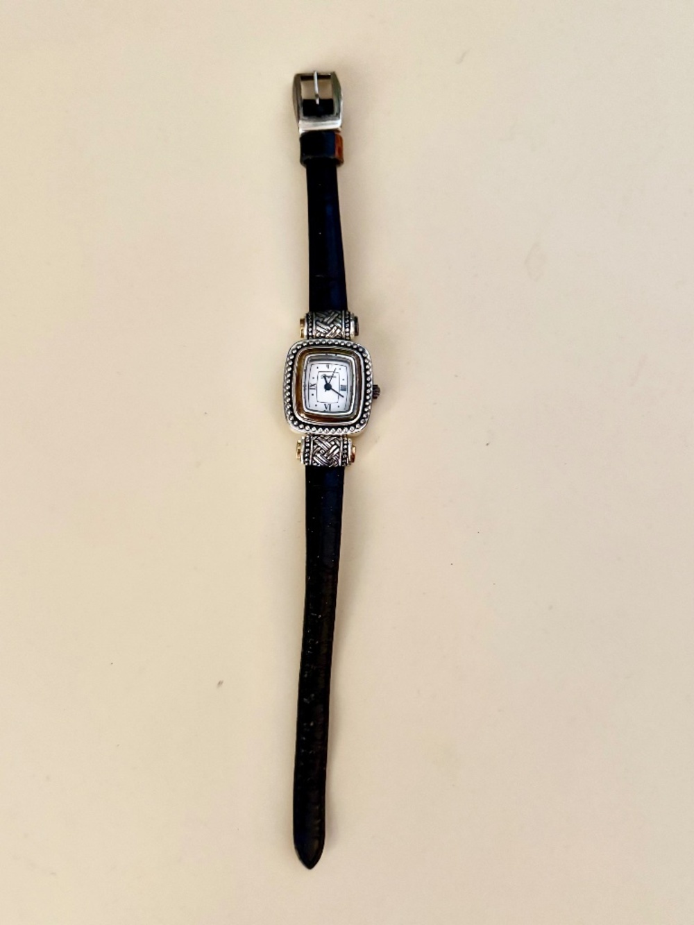 Vintage Brighton Alberta Silver Watch with reversible brown/black Leather Strap